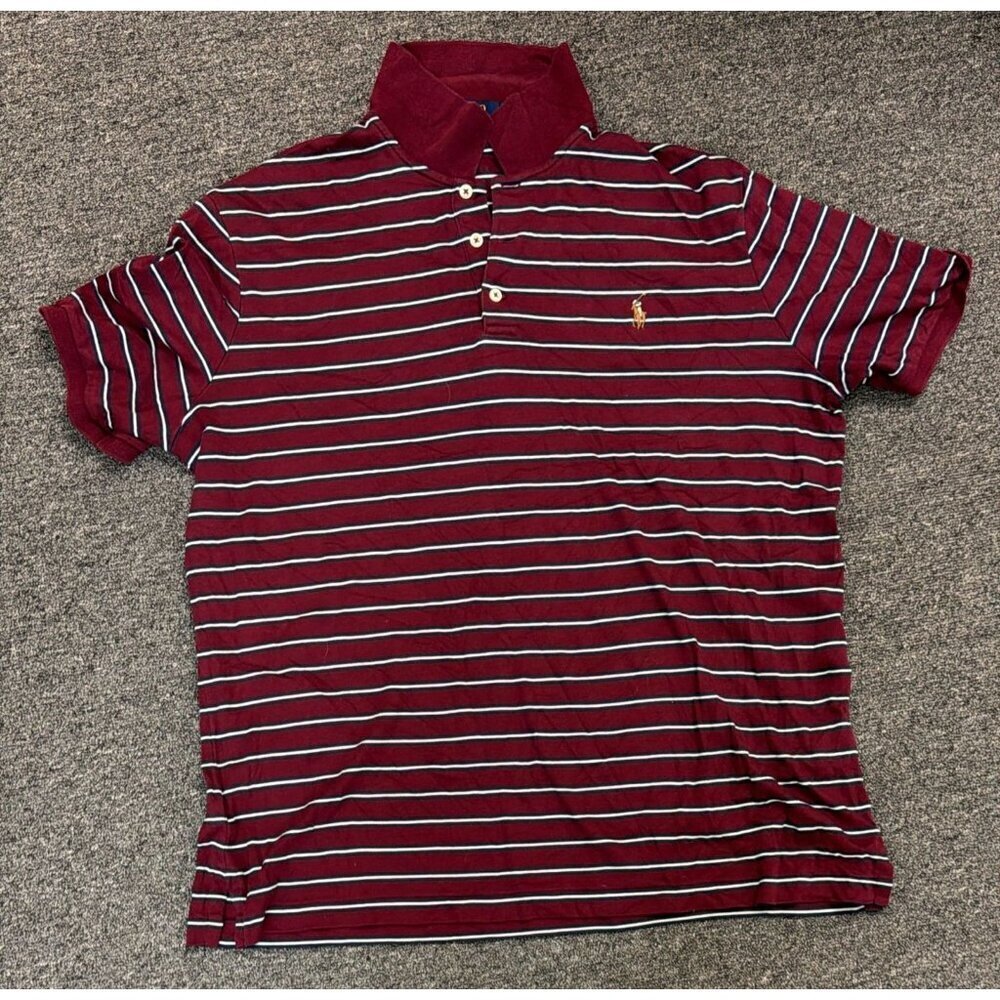 Polo Ralph Lauren Polo Shirt Men's Large L Classic Fit Striped Maroon Burgundy